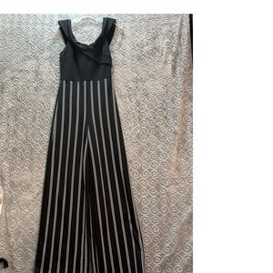 Papaya Black White Striped Wide Leg Jumpsuit Off Shoulder Ruffle Accent